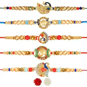 De Marquis 5 Designer Rakhi Gift Set for Brother, Mauli Thread, Chawal Roli Pack, Greeting Card Set (5 Multicolor RAKHI set in different design with Roli and chawal)