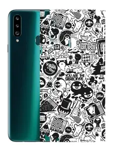 AtOdds - Samsung Galaxy A20s - Mobile Back Skin Sticker - Lamination - Rear Screen Guard Protector Film Wrap (Coverage - Back+Camera+Sides) (Design -B&W Graffiti)