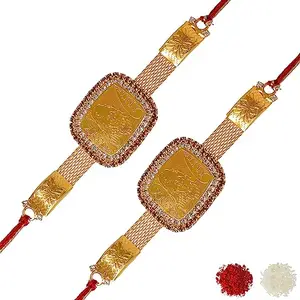 Meira Brass Shiva Design Diamond Bracelate Rakhi Set of 2 with Roli chawal & Rakshabandhan Gift Card Rakhi for Brother, Rakhi for Kids, Thread Rakhi, Resin Rakhi Gift (Golden) MJK71