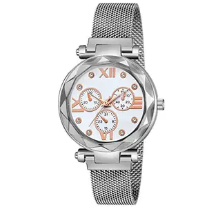 Red Robin Mina White Dial Silver Mesh Magnet Strap Analog Watch for Girl's & Women