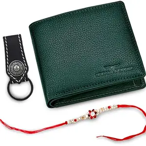 URBAN FOREST Rakhi Gift Hamper for Brother - Green Men's Leather Wallet, Black Keyring and Rakhi Combo Gift Set for Brother - 4559R