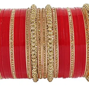ZULKA Get your traditions Acrylic (Plastic) with Beads Or Zircon Gemstone Studded worked Glossy Finished Chuda Set For Women and Girls, (Tomato Red_2.4 Inches), Pack Of 30 Bangle Set