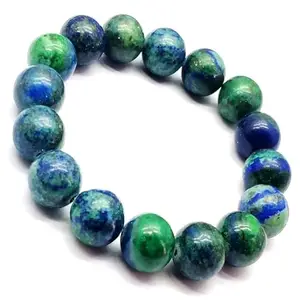 Lady Works Natural Azurite Malachite 12mm Round Shape Smooth Cut Beads 6.5 Inch Stretchable Bracelet For Men & Women. Unisex Bracelet For Healing, Meditation, Prosperity, Gift & Luck|LW_BRST_01121_6.5