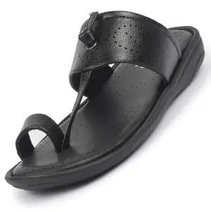 FAUSTO FST FOSMS-2123 BLACK-42 Men's Black Toe Ring Kohlapuri Slipper With Cushioned Footbed|Multi Strap Slipper For Evening (8 UK)