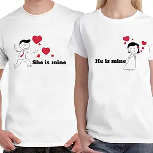 DreamBag LIMIT Fashion Store - She Is Mine, He Is Mine Unisex Couple Love Gift T- Shirt, Men-XXL/Women-XXL (White)