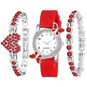 GOLDENIZE FASHION Branded Stylish Colourful Analog Butterfly Dial Women's &Girl's Watch with jwellery Bracelets for Gift- Women's Pack of 3 Watch with Bracelets (RED)