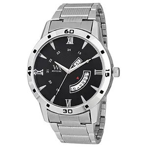 Watch Me Day Date Collection Black Dial Silver Stainless Steel Metal Strap Analog Watches for Men Latest Stylish and Boys DDWM-042