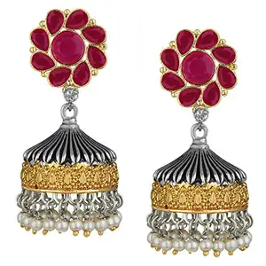 Alamod The dwelling of Trend Store Alamod Antique Floral Two Tone Plated Maroon Ruby Jhumki Earring For Women