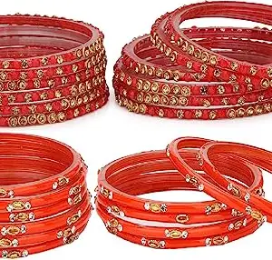 Somil Combo Of Wedding & Party Colorful Glass Bangle/Kada, Pack Of 24, Red,Orange