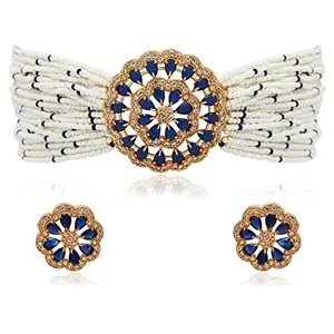 Amazon Brand - Anarva 18K Gold Plated Traditional Cz Crystal Studded Pearl Choker Necklace Jewellery Set For Women (Ml312Bl Blue)