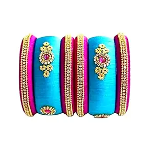 Blue jays hub Silk Thread Bangle Set of 6,Sky Blue,Pink and Multi Color kundans for Women/Girls (2.4)