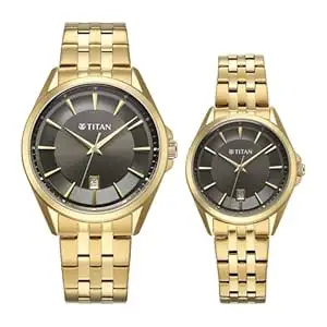 Titan Modern Bandhan Pair Analog with Black Dial Yellow Gold Stainless Steel Strap Watch for Couples - 9401594215YM01