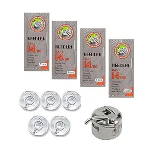 MKRM Sewing Machine Needles Size HA 14, 4 Packs with 20 Needles, Premium Bobbin Case, 5 Bobbins for Automatic Home Use Machines