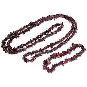 Nature's Crest Indian Ruby Natural Stone Tumbled Chip Necklace 32" & Bracelet Set Gemstone for Vastu Healing Mediation Reiki & Pooja