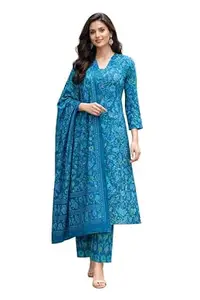 idaLia Women’s Teal Blue Floral Printed Cotton Kurta Pant Set with Dupatta | Straight Fit | V-Neck | 3/4 Sleeves Ethnic Suit