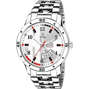 Analogue Day & Date Watch Round White Dial & Silver Stainless Steel Chain Two Window for Men's & Boys