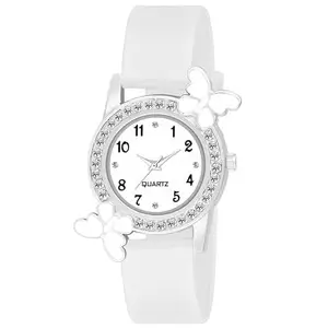 HMTE Synthetic Leather Hm-1519White Butterfly Analog Strap Watch for Women, Round Shape Buckle Clasp Casual Wear Watch (White)(29
