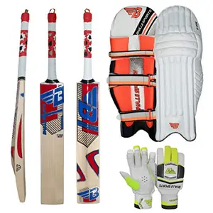 BHAJJI KASHMIRI WILLOW CRICKET BAT T20 5.0 WITH BHAJJI BATTING GLOVES 505 MENS AND BATTING PAD 606