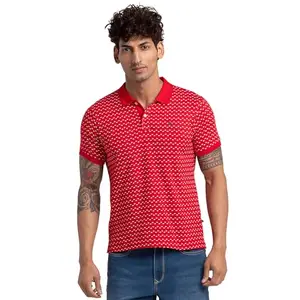 Parx Men's Print Pattern Regular Fit Pure Cotton Half Sleeve Polo Neck Casual T-Shirt (Size: 42)-XMKS06119-R5 Medium Red