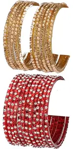Somil Combo Of Bridal Party & Wedding Colorful Glass Kada/Bangle Set, Pack Of 24, Golden & Red
