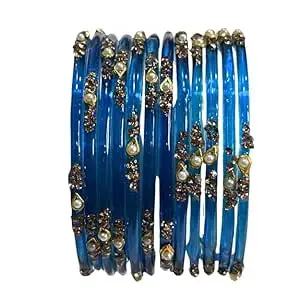BANGLESKART Glass Bangles Set for Women & Girls – Set of 12 Premium Handmade Bangles with Stone & Pearl Work – 21 Colour Options – Sizes 2.4, 2.6, 2.8 – Traditional Bridal & Festival Wear Chudi Set