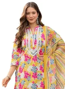 Amayra Women's Pure Cotton Straight Kurta Set with Palazzo Pants & Dupatta|Ethnic wear|Kurti Suit Set for Women