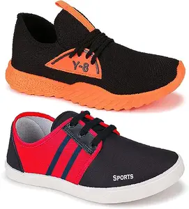 WORLD WEAR FOOTWEAR Soft, Comfortable and Breathable Canvas Lace-Ups Sports Running Shoes for Men (Black and Red, 6) (S5257)