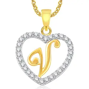 Amaal Jewellery Valentine Gifts Gold American Diamond Heart Alphabet Letter 'V' Necklace Pendant for Women Girls Girlfriend Boys Men with Chain PS0412