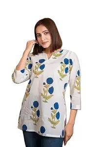 Women's Cotton Tunic Top, White with Blue Floral Print, 3/4 Sleeve (in, Alpha, S, Regular, White)