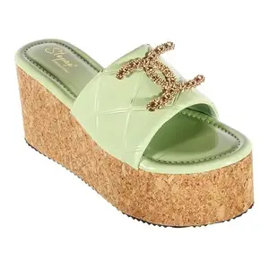 Stepee Green Casual & Trendy Open Toe Slip on Platform Heel Channel Slipper Sandal for Women