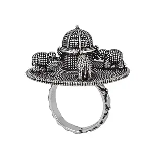 Meyara Oxidised elephant brass adjustable finger ring for girls & women
