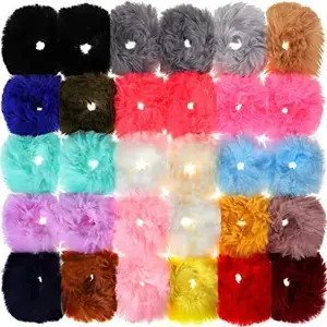 Vidya Fashions Pack of 12 Big Size Fur Elastic Fluffy Faux Rope Furry Ring Band Hair Scrunchie Hair Ties Ponytail Holder for Girls (Multicolour)