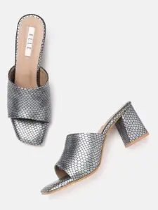 ELLE Women's Grey & Black Snakeskin Block Heel Sandals
