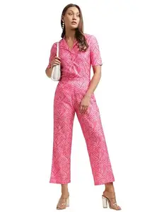 SIRIL Women's Co-ord Set Crepe Printed Half Sleeve Shirt and Full Length Trouser Pant Western Dress (467TK7535-M_Pink)