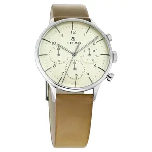Visit the Titan Store Titan On Trend Quartz Multifunction Off White Dial Tan Leather Strap Watch for Men - NT90102SL02