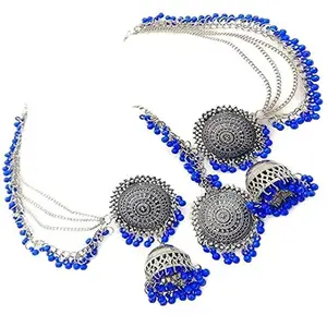 Vembley Traditional Blue Beads Maang Tika With Chain Jhumka Earrings For Girls And Women