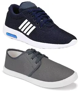 WORLD WEAR FOOTWEAR Soft, Comfortable and Breathable Canvas Lace-Ups Sports Running Shoes for Men (Blue and Grey, 7) (S3919)