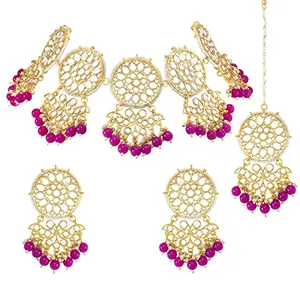 Peora Gold Plated Kundan Dangling Pearls Necklace Earring MaangTikka Jewellery Set for Women (Pink)