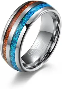 VIEN Unisex Tungsten Rings Inlaid Blue Opal Hawaiian Koa Wood High Polished Rings Stainless Steel Cubic Zirconia Titanium Plated Ring (21)