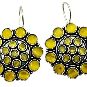 Glass Beads and Gems Silver Plated Yellow Stone Earrings for Women & Girls – Ethnic Handmade Jewelry, Traditional & Casual Wear Earrings 1 Pair''