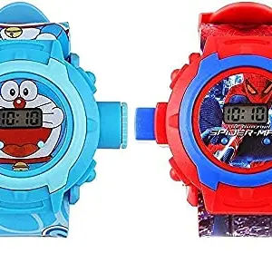 Emartos Round dial Blue Doraemon and Spiderman Projector 24 Images Digital Watch for Boys Kids Combo (Pack of 2)