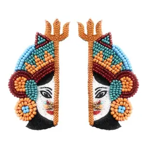 Needlebar's Beaded Earrings For Women | Durga Beaded Earrings | Handmade Embroidery Earrings | Half Face Durga Earrings for Women & Girls | Durga Puja Jewelry for Women & Girls (Lightweight Earrings)