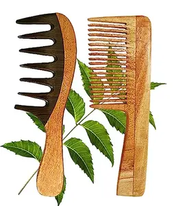 Rufiys Wooden Comb for Women Hair Growth Neem Wide Tooth Detangle Comb Combo Pack for Anti Dandruff Frizz Control Non Static
