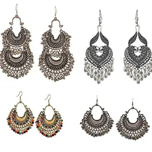Tiaraz Women's Silver Crystal Gold Plated Zukhruf Fashion Stylish Oxidised Afghani Tribal Earrings, Combo of 4