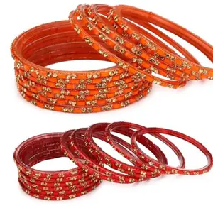 Somil Stylish Colorful Bangle Combo Of 2 Set, 12 Bangles In 1 Set, Glass, Orange, Red- B8