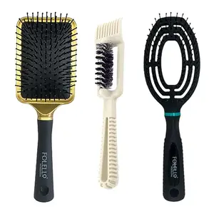 FOLELLO Set of 1 Golden Paddle Brush + 1 Vent Brush + FREE Hair Brush/Comb Cleaner
