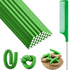 SIYAA 20 Pieces Flexible Curling Rods Twist Foam Hair Rollers Soft Foam No Heat Hair Rods Rollers Curlers and Steel Pintail Comb Rat Tail Comb for Women & Girls (Green)