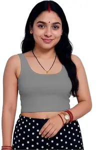 Readymade Fitted Saree Blouse for Women Sleeveless Square Round U Neck Regular fit Stretchable Pullon Western Stylish Crop Top VG19 1044 4XL Steel Grey