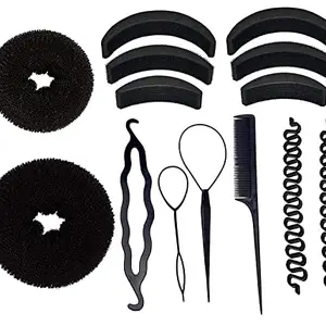 Ruchi Banana Bumpit Hair Puff Up Maker Donut Magic Bun Topsy Tail Ponytail Holder Hair Styling tools Black-(Combo of 14 Pieces)