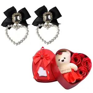 Fashion Frill Valentine Gift For Girlfriend Earrings For Women Princess Heart Pearl Earrings Black Ribbon Bow Dangle Earrings For Women Girls With Heartbox Love Gifts